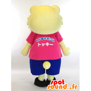 Maskot Tokki, žlutý medvídek oblečený v růžové a modré - MASFR27434 - Yuru-Chara japonské Maskoti