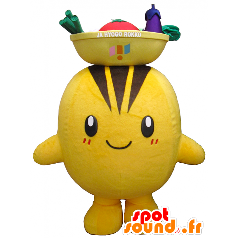 Homem amarelo e marrom Mascot atacado rodada com uma tigela - MASFR27444 - Yuru-Chara Mascotes japoneses