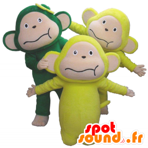3 abe maskotter, 2 gule og en grøn - Spotsound maskot kostume