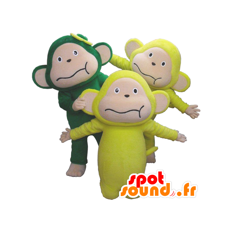 3 abe maskotter, 2 gule og en grøn - Spotsound maskot kostume
