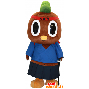 Mascotte de Tachi-kun, oiseau marron et vert en tenue de samouraï - MASFR27466 - Mascottes Yuru-Chara Japonaises