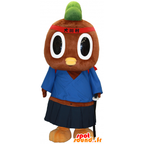 Tachi-kun maskot, brun og grøn fugl i samurai-outfit -