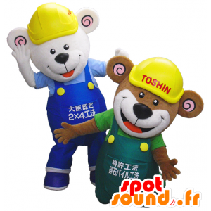 Mascottes d'ours, un marron et un blanc en salopette - MASFR27471 - Mascottes Yuru-Chara Japonaises