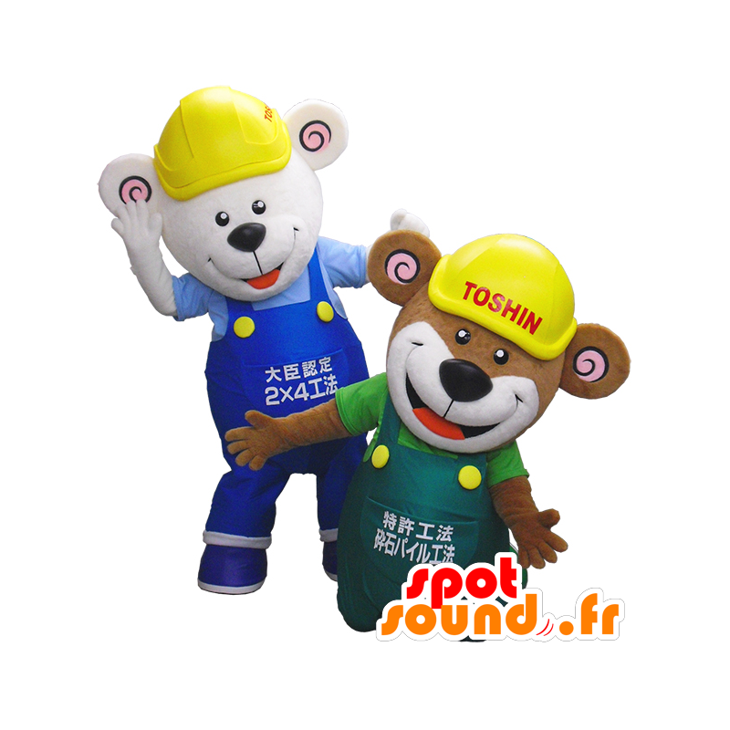 Mascottes d'ours, un marron et un blanc en salopette - MASFR27471 - Mascottes Yuru-Chara Japonaises