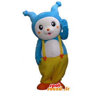 Yoppi maskot, blå och vit kanin med gula overaller - Spotsound