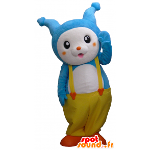 Mascotte de Yoppi, lapin bleu et blanc avec une salopette jaune - MASFR27488 - Mascottes Yuru-Chara Japonaises