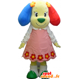 Gul hundemaskot med kjole og farverige ører - Spotsound maskot