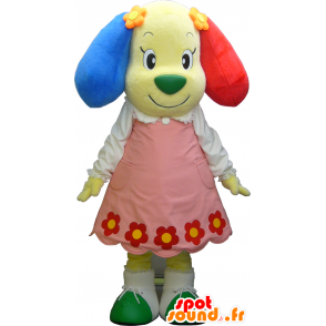 Gelbe Hund Maskottchen mit einem Kleid und bunten Ohren - MASFR27491 - Yuru-Chara japanischen Maskottchen