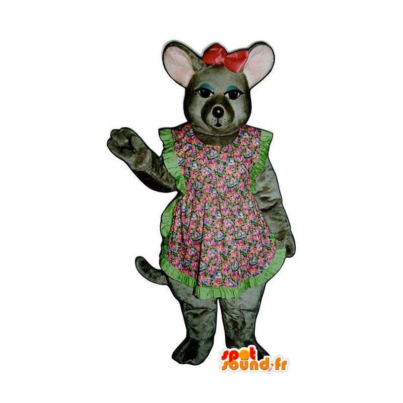 Graue Maus-Maskottchen in geblümten Kleid - MASFR007090 - Maus-Maskottchen