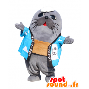 Mascotte de MonFutoshi, otarie grise avec un kimono bleu - MASFR27502 - Mascottes Yuru-Chara Japonaises