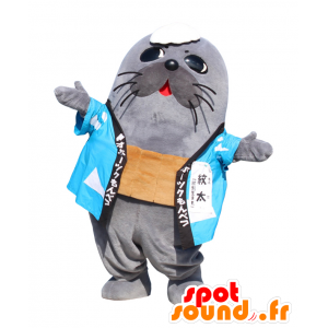 Mascota MonFutoshi, lobo marino gris con un kimono azul - MASFR27502 - Yuru-Chara mascotas japonesas
