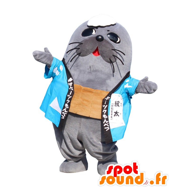 Mascotte de MonFutoshi, otarie grise avec un kimono bleu - MASFR27502 - Mascottes Yuru-Chara Japonaises