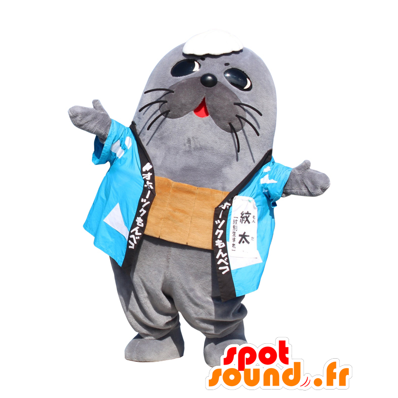 Mascot MonFutoshi šedá kožešinová pečeť s modrým kimono - MASFR27502 - Yuru-Chara japonské Maskoti