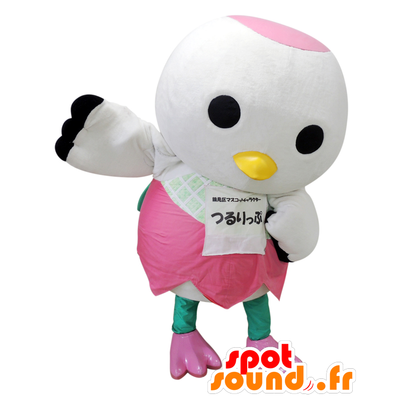 Tsurumi-kun maskot, vit och rosa fågel, jätte - Spotsound maskot