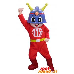 Mascot Kyuta-kun, Feuerwehrmann in rot gekleidet mit Kopfhörern - MASFR27506 - Yuru-Chara japanischen Maskottchen