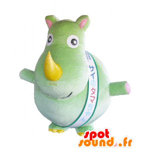 Mascot Sainotamachan, suuri vihreä ja keltainen sarvikuono - MASFR27518 - Mascottes Yuru-Chara Japonaises