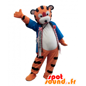 Morigami maskot, orange og sort tiger med en blå kimono -