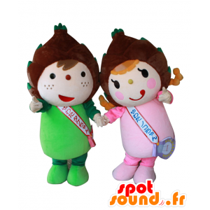 2 Maskottchen Yahata und Fu Shan, Kinder grünen Bambus und rosa - MASFR27559 - Yuru-Chara japanischen Maskottchen