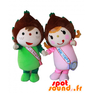 2 maskotar av Yahata och Fu chan, gröna och rosa bambubarn -