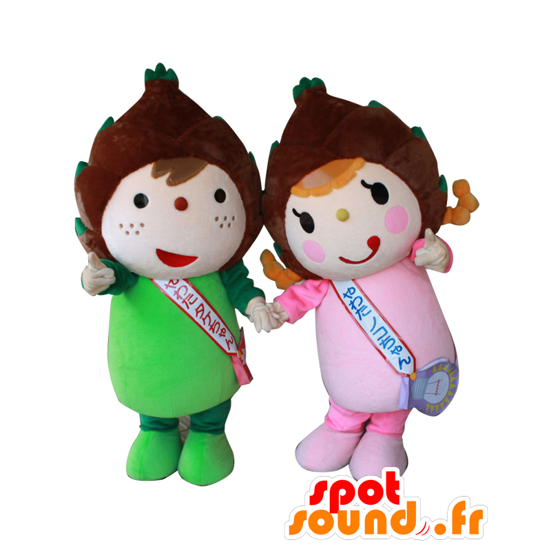 2 Mascots Yahata and Fu Shan, children green bamboo and pink - MASFR27559 - Yuru-Chara Japanese mascots