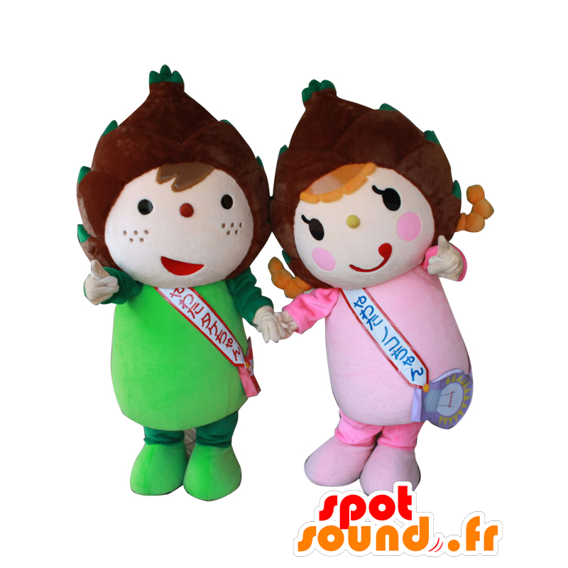 2 Mascottes Yahata en Fu Shan, kinderen groene bamboe en roze - MASFR27559 - Yuru-Chara Japanse Mascottes