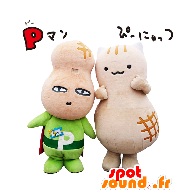 Mascot P-Man and Pinyattsu, giant peanut beige - MASFR27562 - Yuru-Chara Japanese mascots