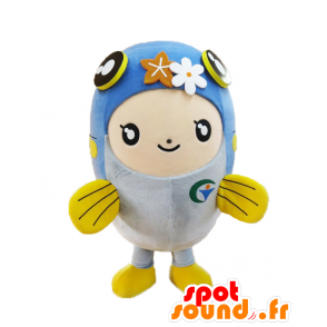 Pupazzo di neve mascotte, blu e giallo di pesce - MASFR27565 - Yuru-Chara mascotte giapponese