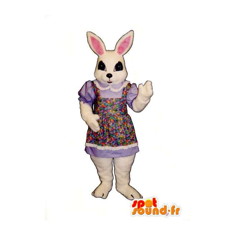 Bílý králík maskot v květinové šaty - MASFR007097 - maskot králíci