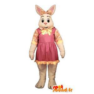 Blanco traje de conejo con vestido rosa y amarillo - MASFR007098 - Mascota de conejo