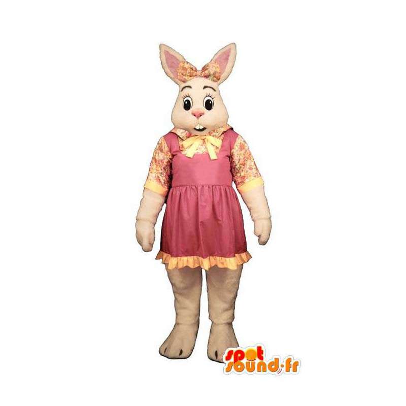 Blanco traje de conejo con vestido rosa y amarillo - MASFR007098 - Mascota de conejo