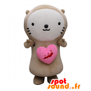 Mirakko mascotte, gatto beige e bianco con un cuore rosa - MASFR27582 - Yuru-Chara mascotte giapponese
