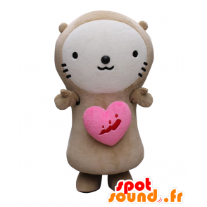 Mirakko mascot, beige and white cat with a pink heart - MASFR27582 - Yuru-Chara Japanese mascots