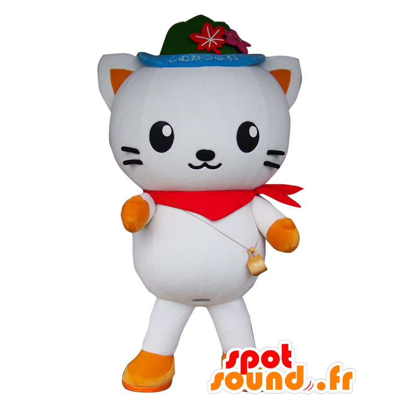 Mascotte de Shimukappi, chat blanc avec un chapeau et un bandana - MASFR27594 - Mascottes Yuru-Chara Japonaises