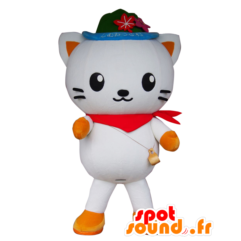 Mascotte Shimukappi, gatto bianco con un cappello e una bandana - MASFR27594 - Yuru-Chara mascotte giapponese