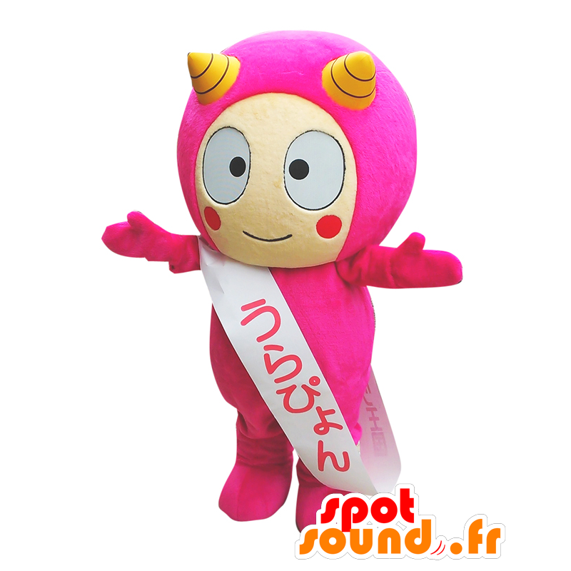 Monster-Maskottchen Urapyon Rosa mit gelben Hörnern - MASFR27599 - Yuru-Chara japanischen Maskottchen