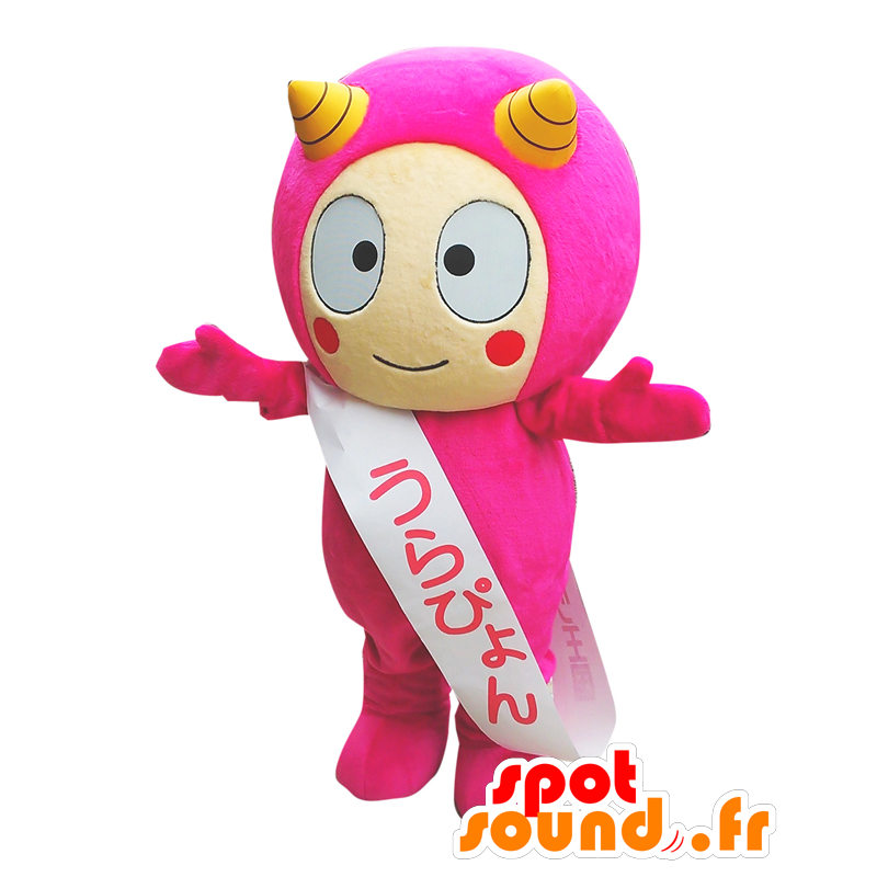Urapyon monster maskot, rosa, med gula horn - Spotsound maskot