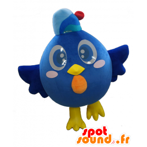 Mascotte de Hapimaru, gros oiseau bleu, blanc et jaune - MASFR27605 - Mascottes Yuru-Chara Japonaises