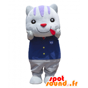 Kofu Showa mascotte, gatto bianco, vestito con un completo blu - MASFR27612 - Yuru-Chara mascotte giapponese