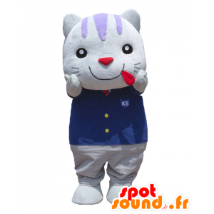 Mascotte de Kofu Showa, chat blanc, habillé d'un costume bleu - MASFR27612 - Mascottes Yuru-Chara Japonaises