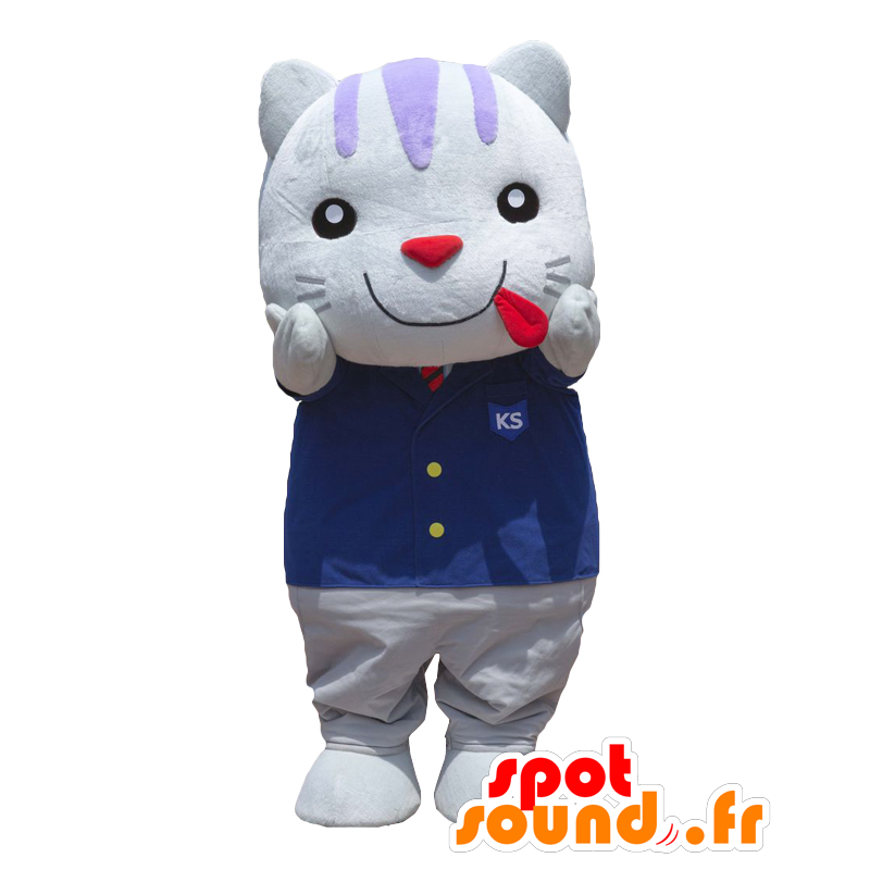 Mascotte de Kofu Showa, chat blanc, habillé d'un costume bleu - MASFR27612 - Mascottes Yuru-Chara Japonaises