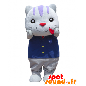 Kofu Showa mascot, white cat, dressed in a blue suit - MASFR27612 - Yuru-Chara Japanese mascots