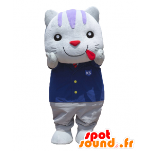 Kofu Showa maskot, vit katt, klädd i en blå kostym - Spotsound