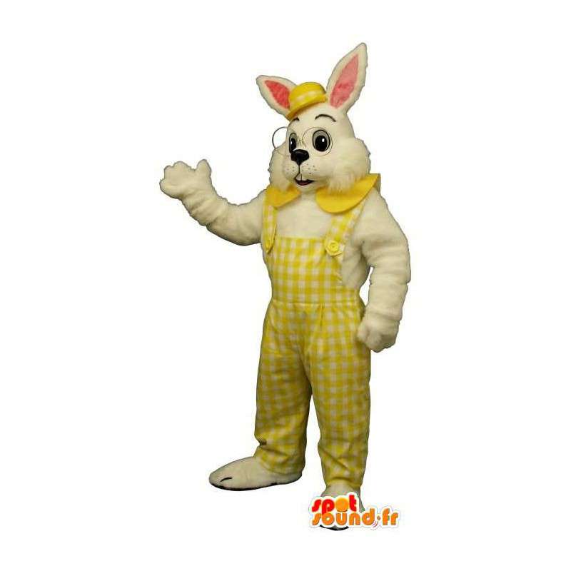 Kaninmaskot med briller i gul overall - Spotsound maskot kostume