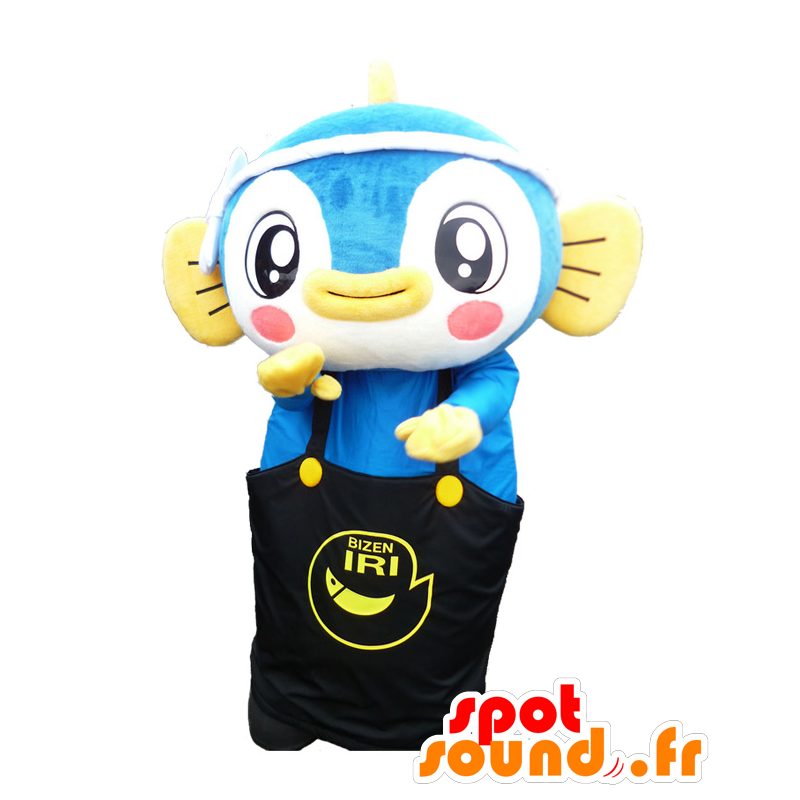 Mascot Manatchi. Blue Fish Mascot zwarte jumpsuit - MASFR27621 - Yuru-Chara Japanse Mascottes