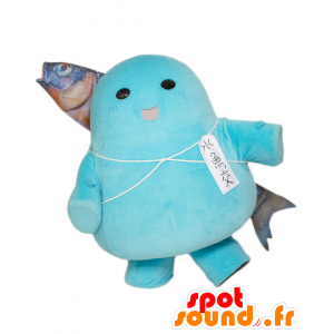 Mascotte Uogokoro. Schneemann-Maskottchen mit einem Fisch auf dem Rücken - MASFR27643 - Yuru-Chara japanischen Maskottchen