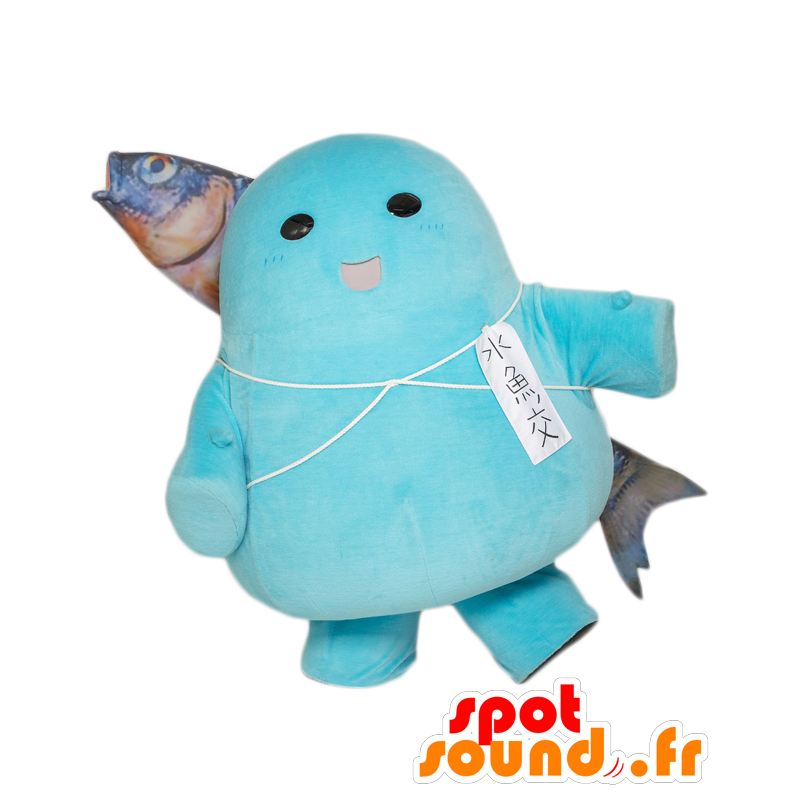 Mascotte Uogokoro. Schneemann-Maskottchen mit einem Fisch auf dem Rücken - MASFR27643 - Yuru-Chara japanischen Maskottchen