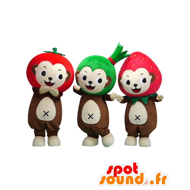 3 Monkeys Smile mascots. Mascots of fruits and vegetables - MASFR27649 - Yuru-Chara Japanese mascots
