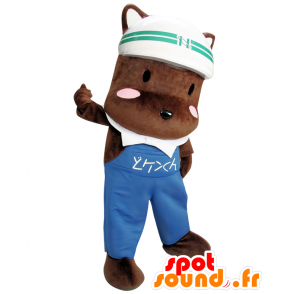 Mascot Ken-kun. Mascotte perro marrón grande con un mono - MASFR27672 - Yuru-Chara mascotas japonesas