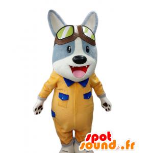 Mascotte Kagi. Blaue und weiße Hund Maskottchen gelben Kleid - MASFR27693 - Yuru-Chara japanischen Maskottchen