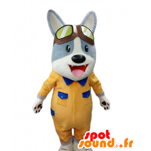 カギのマスコット。黄色の衣装を着た青と白の犬のマスコット-MASFR27693-日本のゆるキャラのマスコット